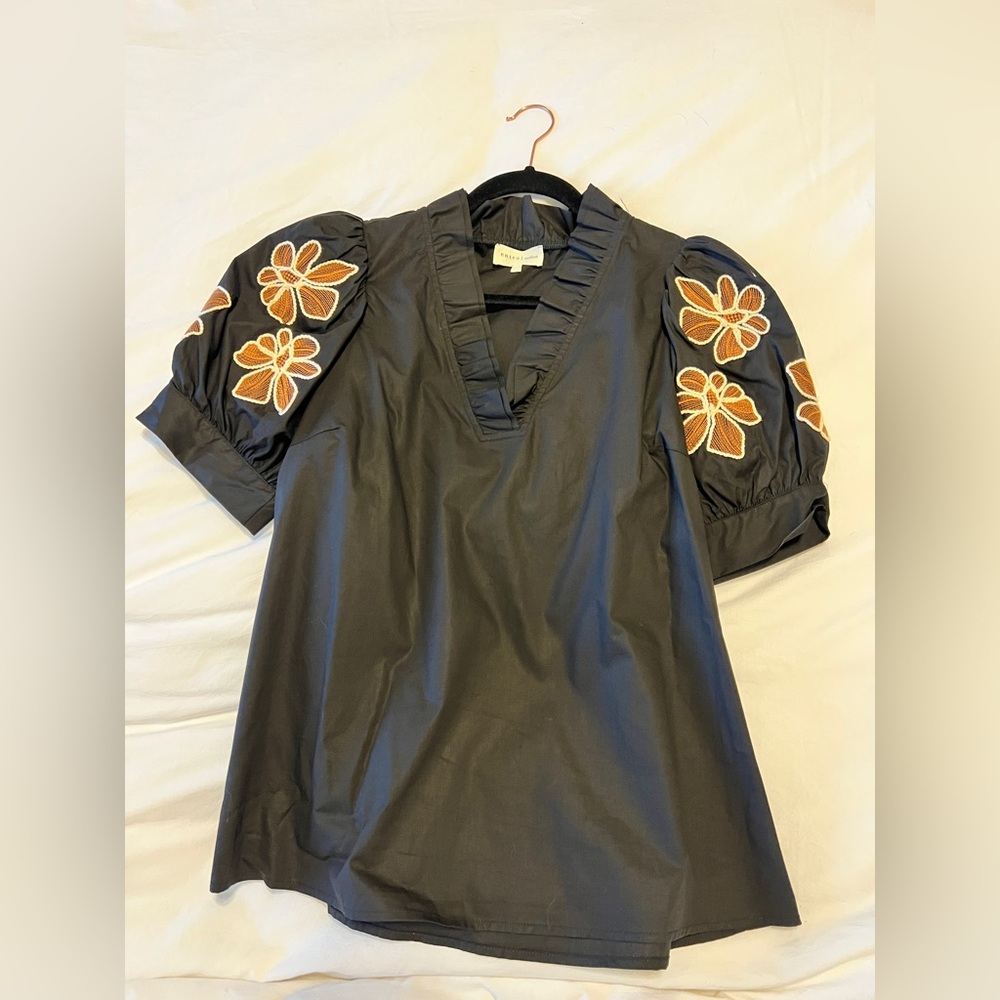 Entro Black Blouse with brown Floral Sleeves